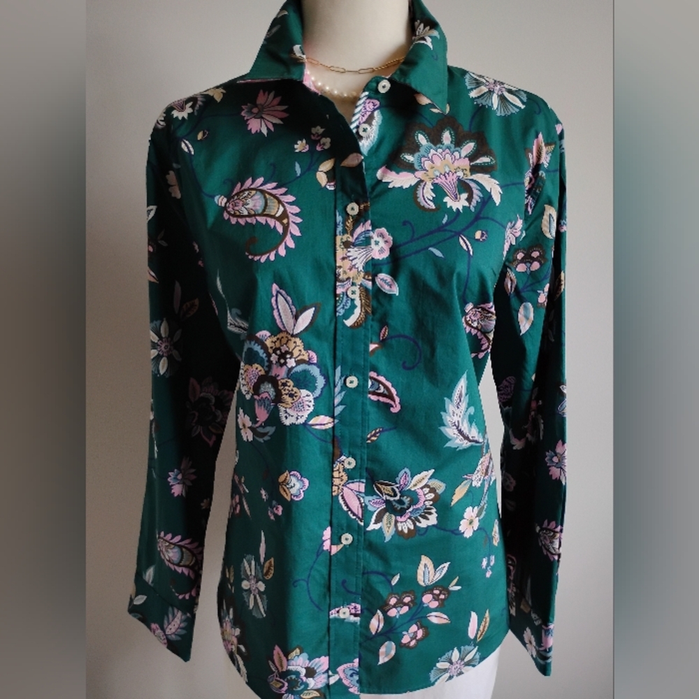 Talbots Petite Cotton Button Down Shirt Green Pink Paisley Floral Colorful  XLP - Picture 5 of 16
